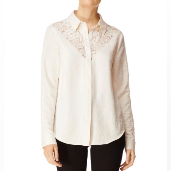 J Brand Lula Button-Front Long Sleeve Lace Inset Shirt - Moonbeam